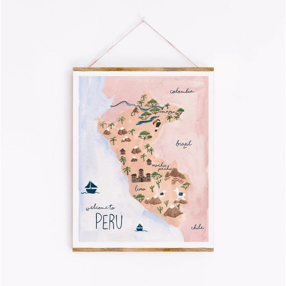 Peru Map Hand Painted Travel Wall Art One, Unframed Paper Print