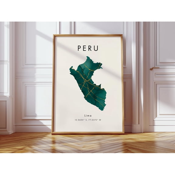 Peru Map Poster Green and Gold South America Wall Art Print Home Decor Geography Map Gift Wallpaper