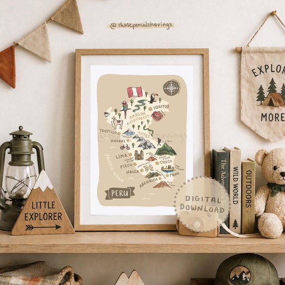 Peru Map Print: Illustrated Travel Poster, Landmarks & Animals , Poster Print Only