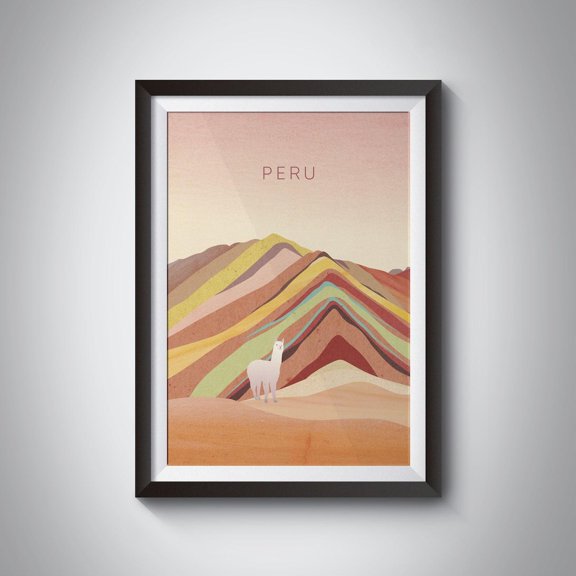 Peru Minimal Travel Cusco Rainbow Mountains Alpaca Art, Unframed Canvas 12x16in