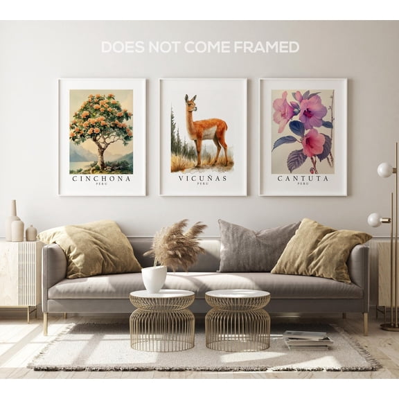 Peru National Symbols Poster Wall Art Vicuna Cantuta and Cinchona Tree Prints for Home Decor Set 3 Set 3