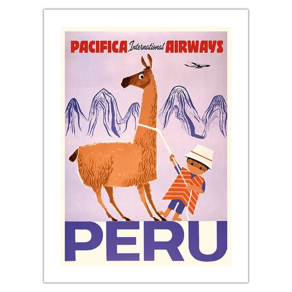 Peru - Pacifica International Airways - Native Boy with Llama - Vintage Airline Travel Poster c.1950s - Bamboo Fine Art 290gsm Paper Print (Unframed) 18x24in