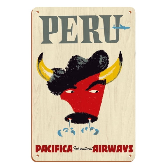 Peru - Pacifica International Airways - Vintage Airline Travel Poster c.1950s - 8 x 12 inch Vintage Wood Art Sign