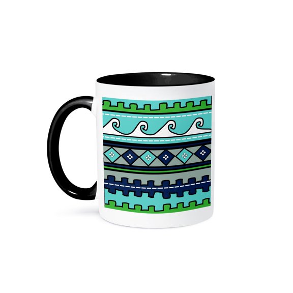 Peru Pattern - Waves Diamonds And Stripes - South American Design - Blue Green Navy Teal Turquoise, 11oz Two-Tone Black Mug