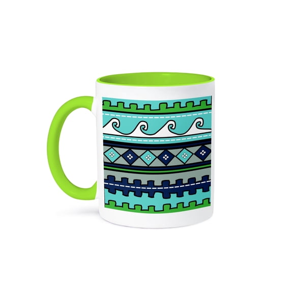 Peru Pattern - Waves Diamonds And Stripes - South American Design - Blue Green Navy Teal Turquoise, 11oz Two-Tone Green Mug