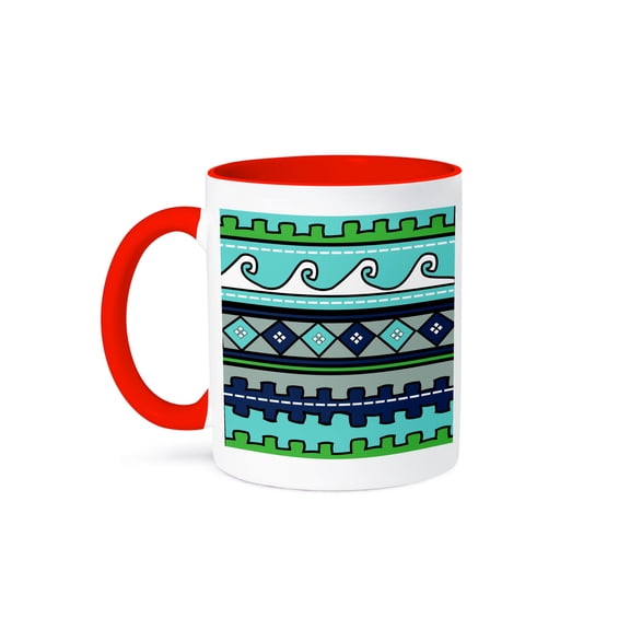 Peru Pattern - Waves Diamonds And Stripes - South American Design - Blue Green Navy Teal Turquoise, 11oz Two-Tone Red Mug
