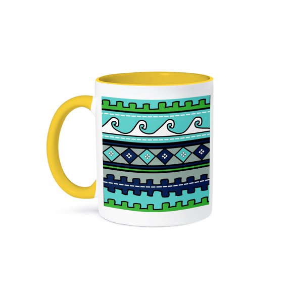 Peru Pattern - Waves Diamonds And Stripes - South American Design - Blue Green Navy Teal Turquoise, 11oz Two-Tone Yellow Mug