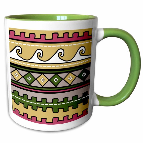 3drose, Peru Pattern - Waves Diamonds and Stripes - Tan Yellow Brown Beige Green Red White South America, 11oz Two-tone Green Mug