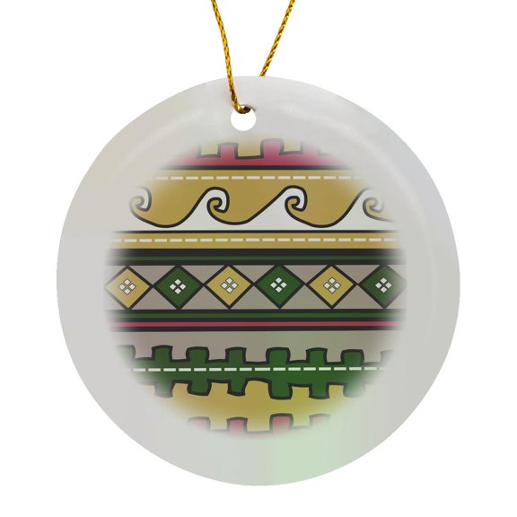 3drose, Peru Pattern - Waves Diamonds and Stripes - Tan Yellow Brown Beige Green Red White South America, Circle Porcelain Ornament
