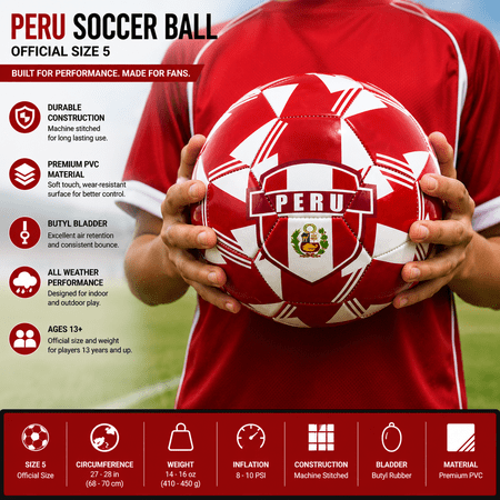 Peru Soccer Ball, Official Size 5, Machine Stitched, Red & White, Ages 13+