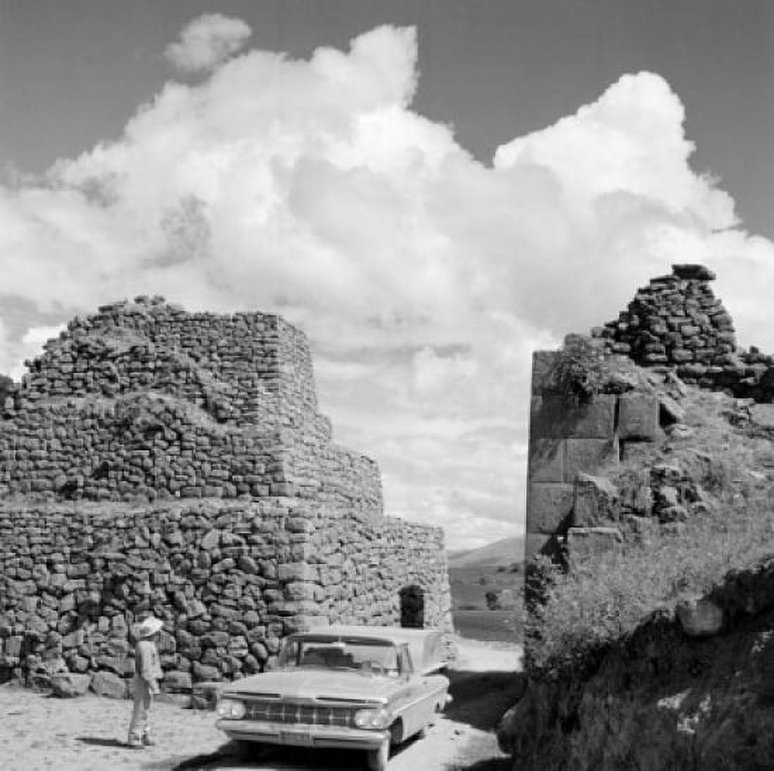 Peru man standing next to his car among old ruins Canvas Art - (18 x 24)