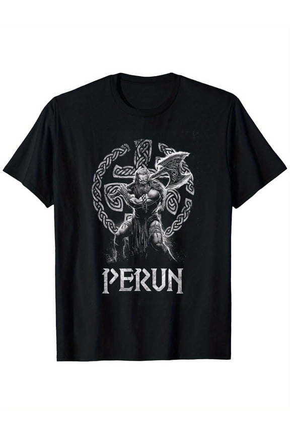 Perun Slavic Mythology Pagan Lord Graphic T-Shirt- Black with White Slavic Viking/Romanesque Print, Regular Fit Short Sleeve Round Neck Tee for Men& Women, Bold Slavic Mythology