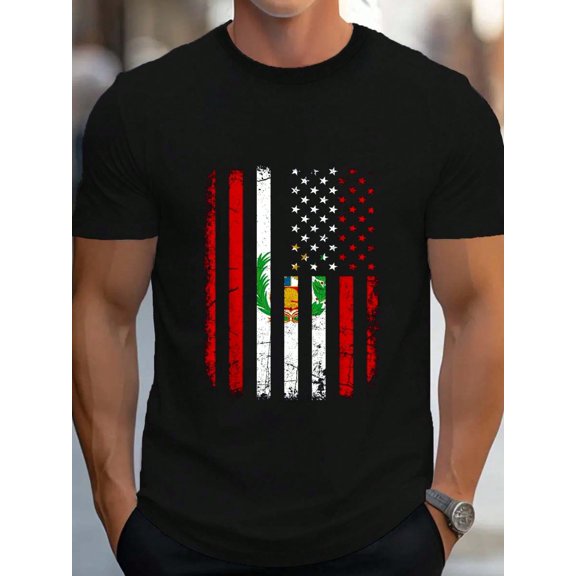 Peruvian American Flag Peruvian Roots Peru America Men's Cotton Crew Neck Graphic Tee Casual Short Sleeve Solid T-Shirt