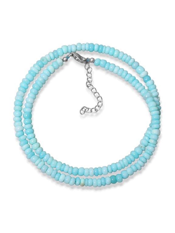 Peruvian Blue Opal Smooth Rondelle Beaded Necklace, 5mm Opal Bead Necklace, Sterling Silver Clasp and Extension chain