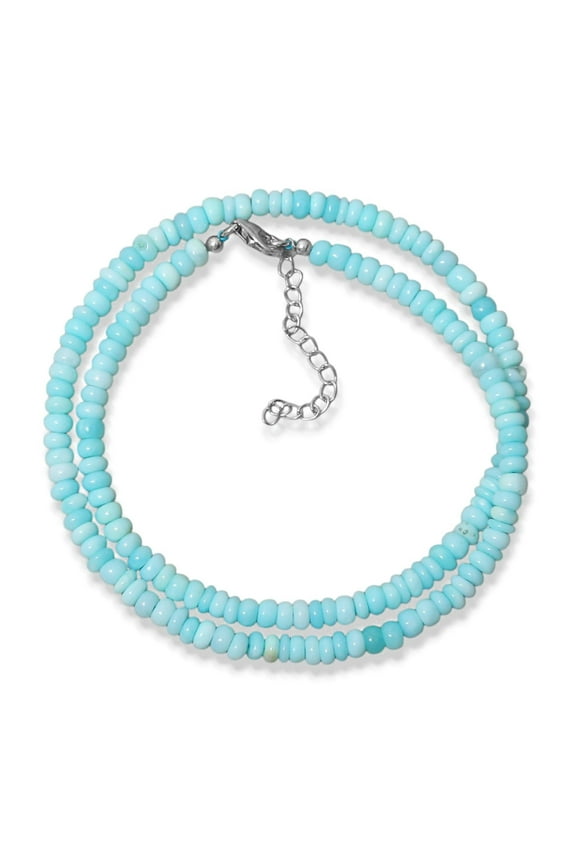Peruvian Blue Opal Smooth Rondelle Beaded Necklace, 5mm Opal Bead Necklace, Sterling Silver Clasp and Extension chain