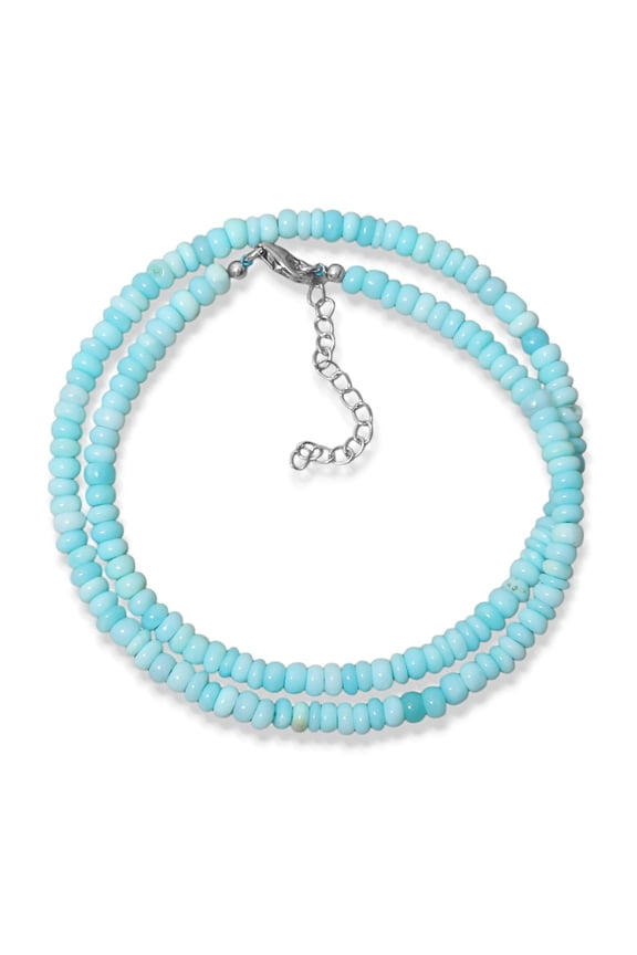 Peruvian Blue Opal Smooth Rondelle Beaded Necklace, 5mm Opal Bead Necklace, Sterling Silver Clasp and Extension chain