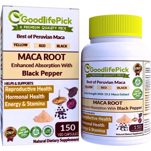 GoodlifePick Maca Root Capsules with Black Pepper Triple Benefits of all Maca  , 150 capsules