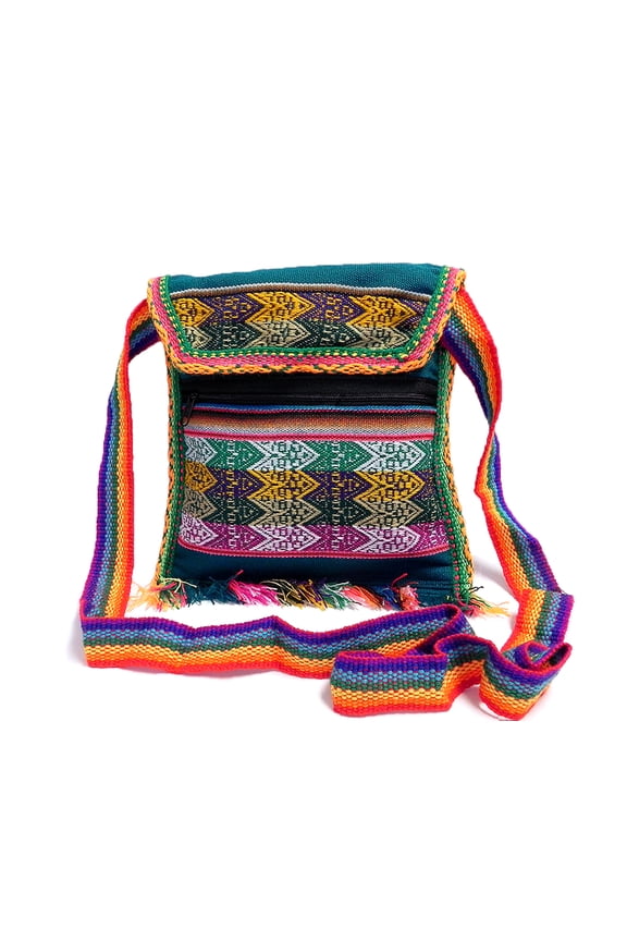 Peruvian Multicolored Tribal Pattern Material Slim Lightweight Square Fringe Purse Crossbody Bag - Handmade Boho Accessories