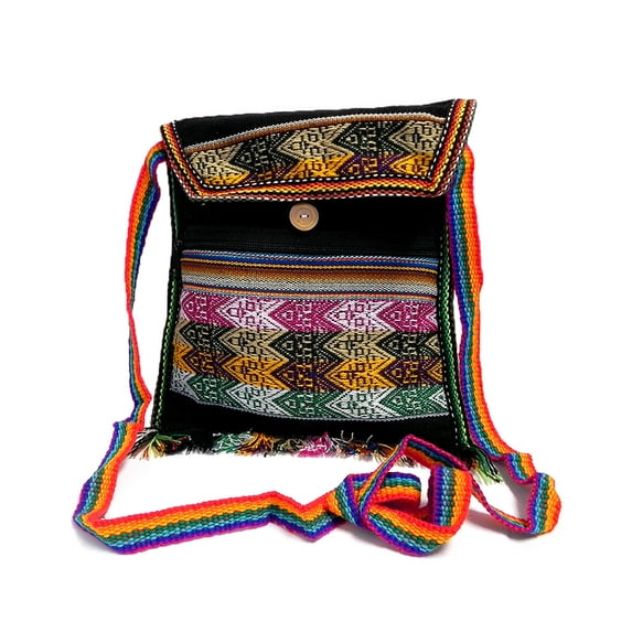 Peruvian Multicolored Tribal Pattern Material Slim Lightweight Square Fringe Purse Crossbody Bag - Handmade Boho Accessories