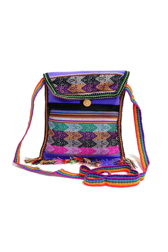 Peruvian Multicolored Tribal Pattern Material Slim Lightweight Square Fringe Purse Crossbody Bag - Handmade Boho Accessories