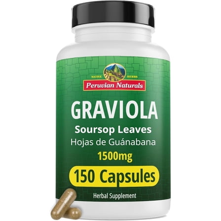 Peruvian Naturals Graviola Soursop Capsules 1500mg – 150 Vegan Capsules – Hojas de Guanábana – Natural Herbal Supplement from Peru for Digestion, Skin Health & Overall Wellness