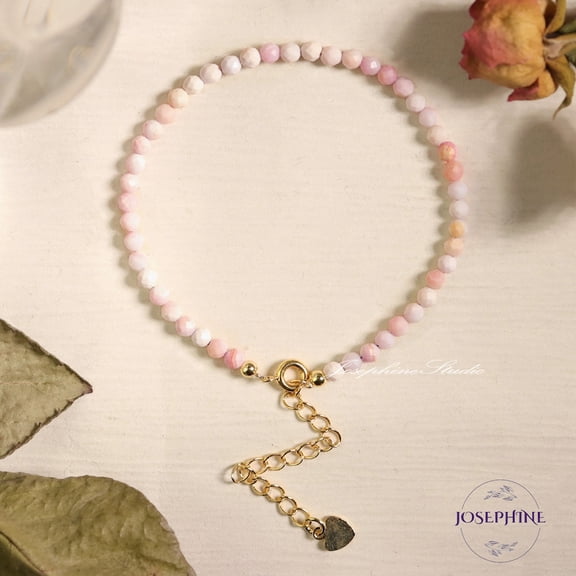 Peruvian Opal 3mm Round Shape Faceted Cut Beads 7 inch Adjustable Gold Plated Clasp Bracelet for men, women, unisex. Link Chain Stacking Bracelet.|LINK_05374