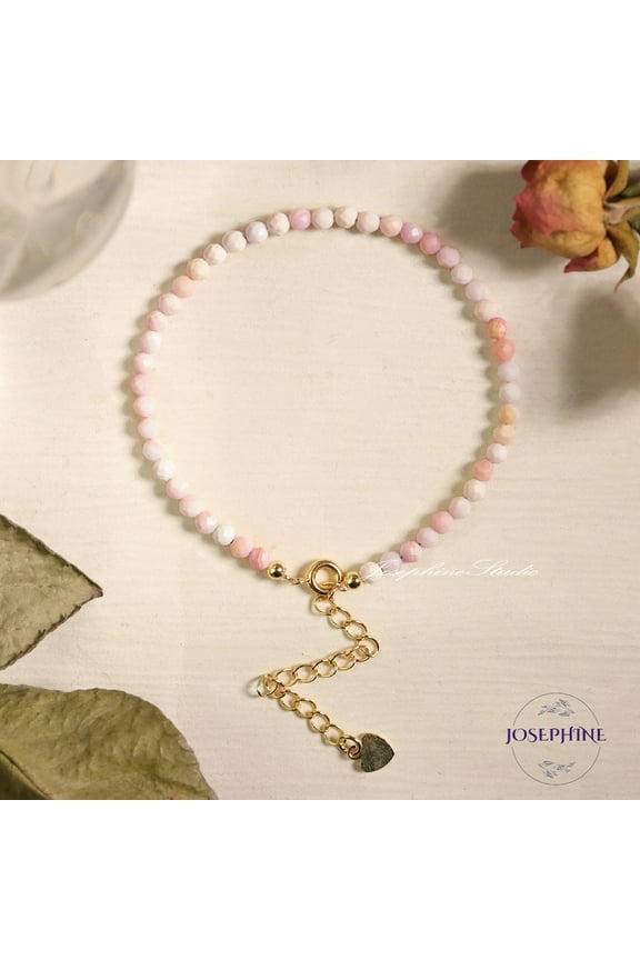 Peruvian Opal 3mm Round Shape Faceted Cut Beads 7 inch Adjustable Gold Plated Clasp Bracelet for men, women, unisex. Link Chain Stacking Bracelet.|LINK_05374