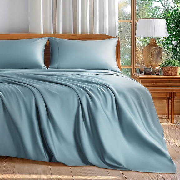 Peruvian Pima Cotton Sheets, Queen Sheet Set Real 400 Thread Count Luxury 4 PC Bedding Set, Hotel Quality Sateen Weave, fits up to 26-30" Elasticized Deep Pocket (Solid, French Blue)