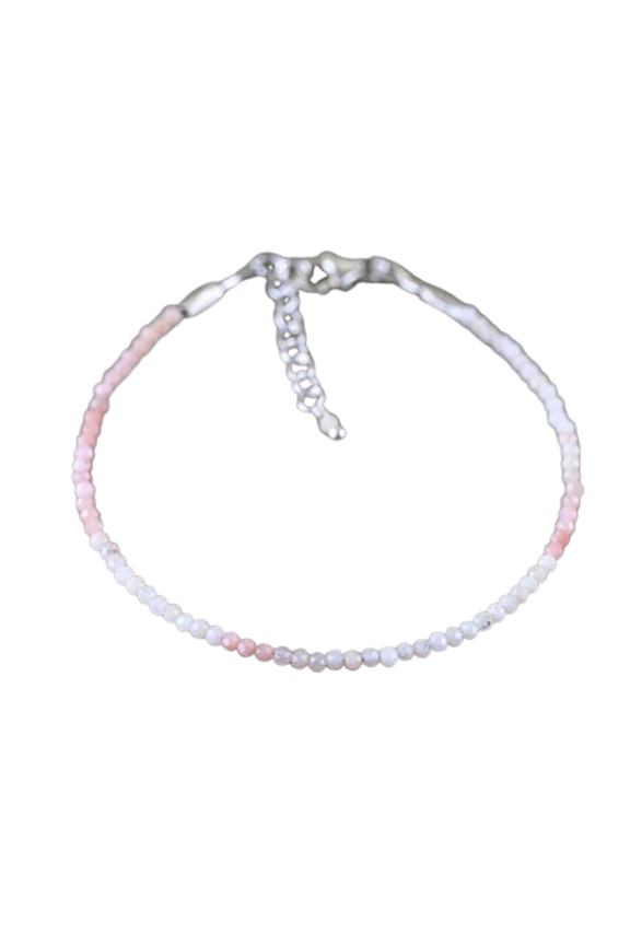 Peruvian Pink Opal 2mm Round Shape Faceted Cut Beads 7 inch Adjustable Silver Plated Clasp Bracelet for men, women, unisex. Link Chain Stacking Bracelet.|LINK_05380