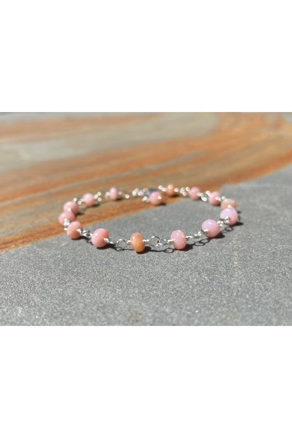 Peruvian Pink Opal 4mm Rondelle Shape Smooth Cut Beads 7 inch Silver Plated Clasp Bracelet for men, women, unisex. Link Chain Stacking Bracelet.|LINK_05378