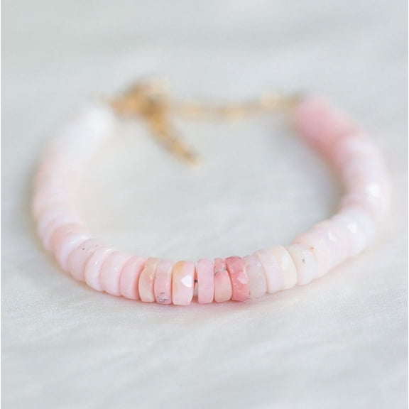 Peruvian Pink Opal 6mm Rondelle Shape Smooth Cut Beads 7 inch Adjustable Gold Plated Clasp Bracelet for men, women, unisex. Link Chain Stacking Bracelet.|LINK_05379
