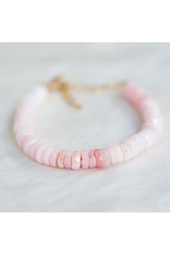 Peruvian Pink Opal 6mm Rondelle Shape Smooth Cut Beads 7 inch Adjustable Gold Plated Clasp Bracelet for men, women, unisex. Link Chain Stacking Bracelet.|LINK_05379