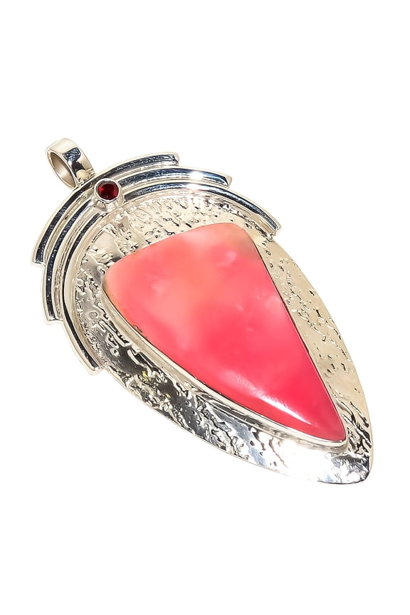 Peruvian Pink Opal & Garnet Solid 925 Sterling Silver Pendant Size 2.36"Natural Pendant, Pink Pendant, 925 Silver Pendant, Opal Pendant, Triangular Pe