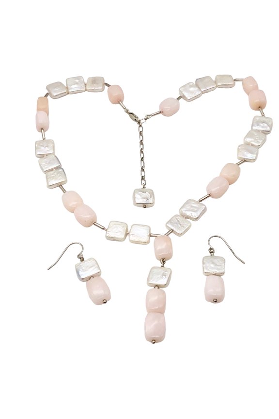 Peruvian Pink Opal & Pearl Spectacular Sterling Silver Set| Adjustable 16-18" |