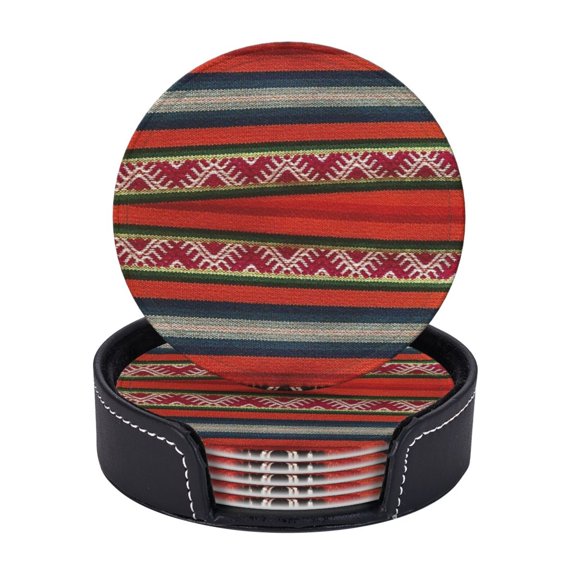 Peruvian Textile Pattern Coasters With Leather Holder Set Of 6 Round Coasters for Home and Kitchen Decor