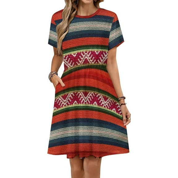 Peruvian Textile Pattern Dress Fashion Beach Short Sleeve Dresses Female Party Printed Sundress