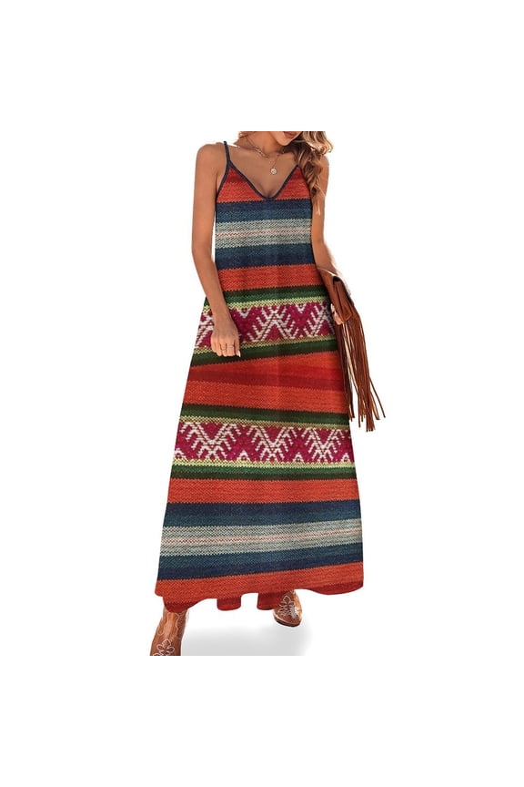 Peruvian Textile Pattern Sleeveless Suspender Dress Summer Fashion Casual Long Dress