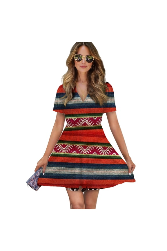 Peruvian Textile Pattern Women Dress V-Neck Short Sleeve Flowy Swing Party Midi Dress