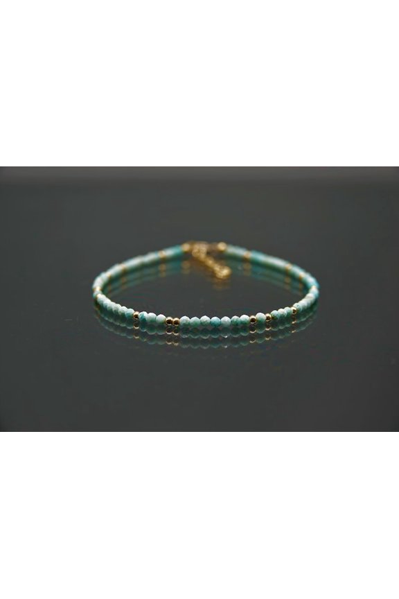 Peruvian Turquoise 2mm Round Shape Faceted Cut Beads 7 inch Adjustable Gold Plated Clasp Bracelet for men, women, unisex. Link Chain Stacking Bracelet.|LINK_05384