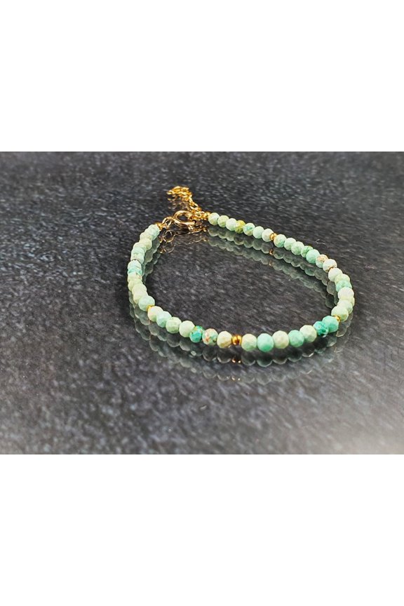 Peruvian Turquoise 3-3.5mm Round Shape Faceted Cut Beads 7 inch Adjustable Gold Plated Clasp Bracelet for men, women, unisex. Link Chain Stacking Bracelet.|LINK_05385