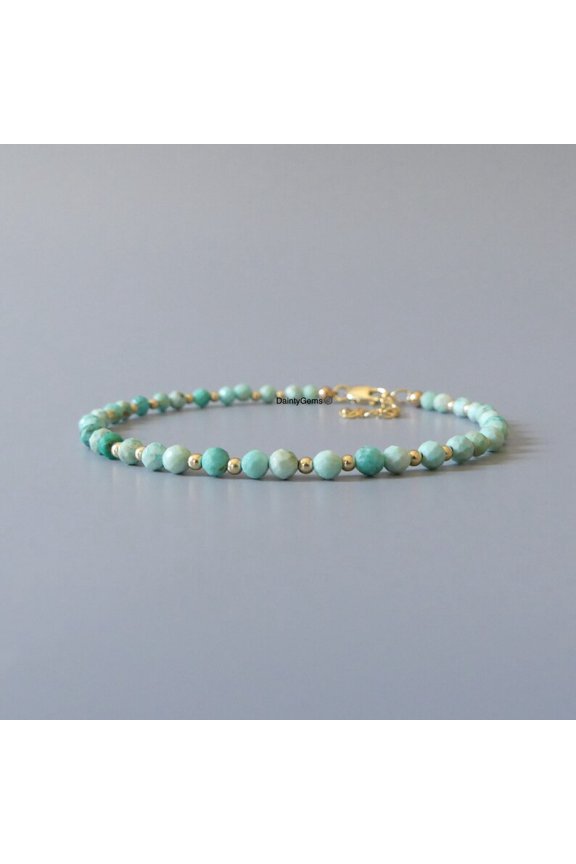 Peruvian Turquoise 3mm Round Shape Faceted Cut Beads 7 inch Adjustable Gold Plated Clasp Bracelet for men, women, unisex. Link Chain Stacking Bracelet.|LINK_05386