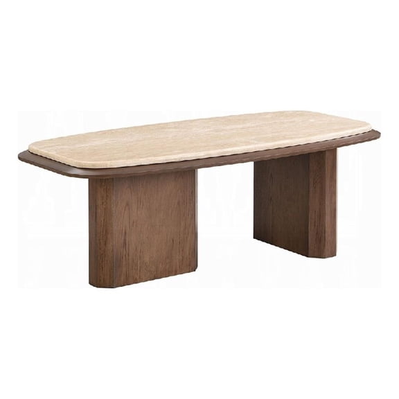 Pery Coffee Table- 51 Inch Beige Travertine Stone Top- Walnut Brown
