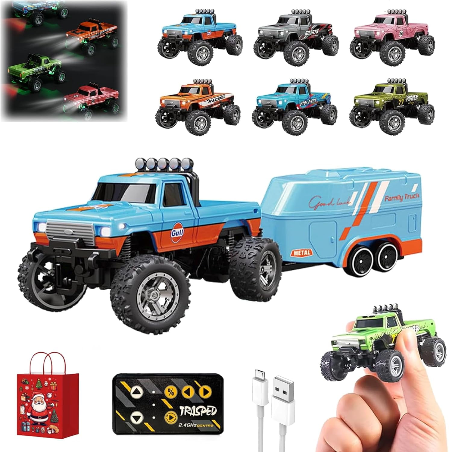 Peryfisoin Mini RC Monster Truck, Mini RC Monster Truck USBC Rechargeable Underflow with Trailer, 1:64 Scale Monster Truck Remote Control Car with Lights, 2.4Ghz Remote Control (Blue2)