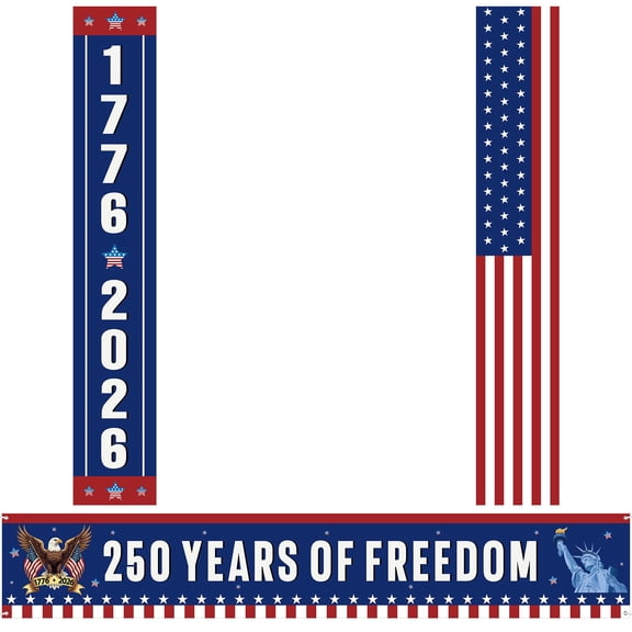 Peryiter 3 Pcs American 250th Anniversary Banners Patriotic Decorations 250 Years of Freedom Banner Flag 1776-2026 USA Birthday Porch Sign for 4th of July Independence Day Party Supplies Y114