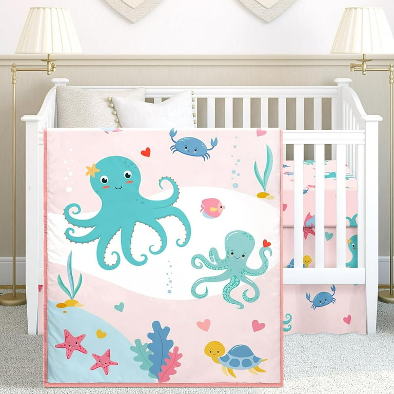Peryiter 3 Pcs Pastel Octopus Ocean Crib Bedding Set Mist Theme Pink Soft Fitted Sheet Gender Neutral Crib Comforter Crib Skirt for Baby Boys Girls Nursery Crib Bedding Set Walmart