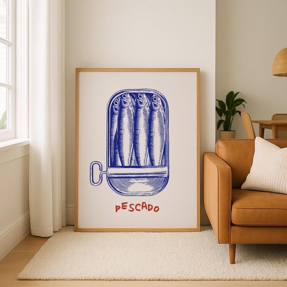 Pescado Sardine Can Wall Art, Vintage Blue And Red Fish Print, Whimsy Coastal Kitchen Decor, Quirky Nautical Art, Retro Food Illustration Home Decor #32, Unframed Poster Size 24x36