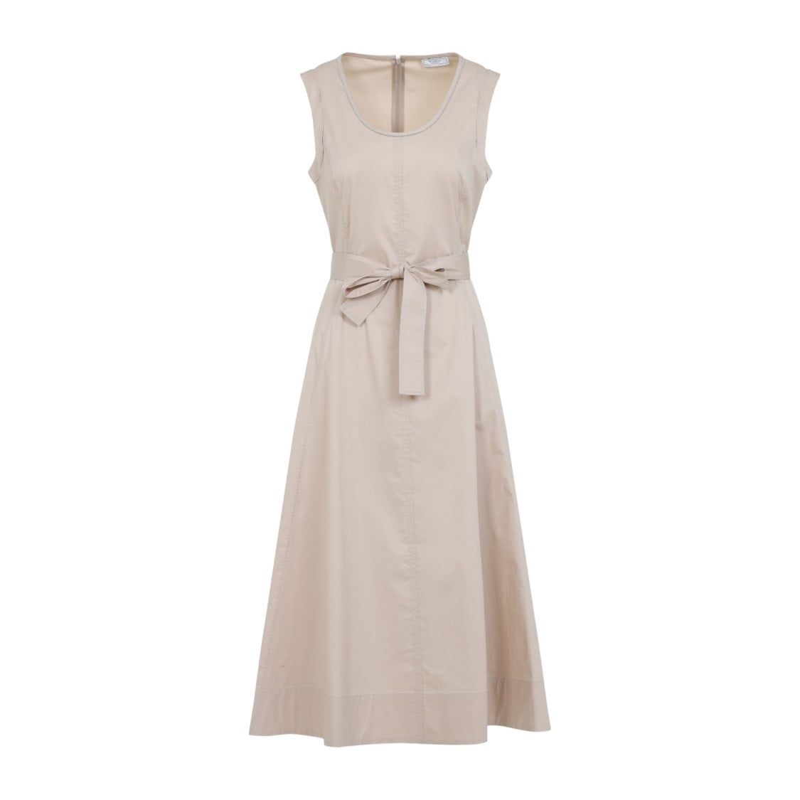 Beige Plain Belted Long Dress