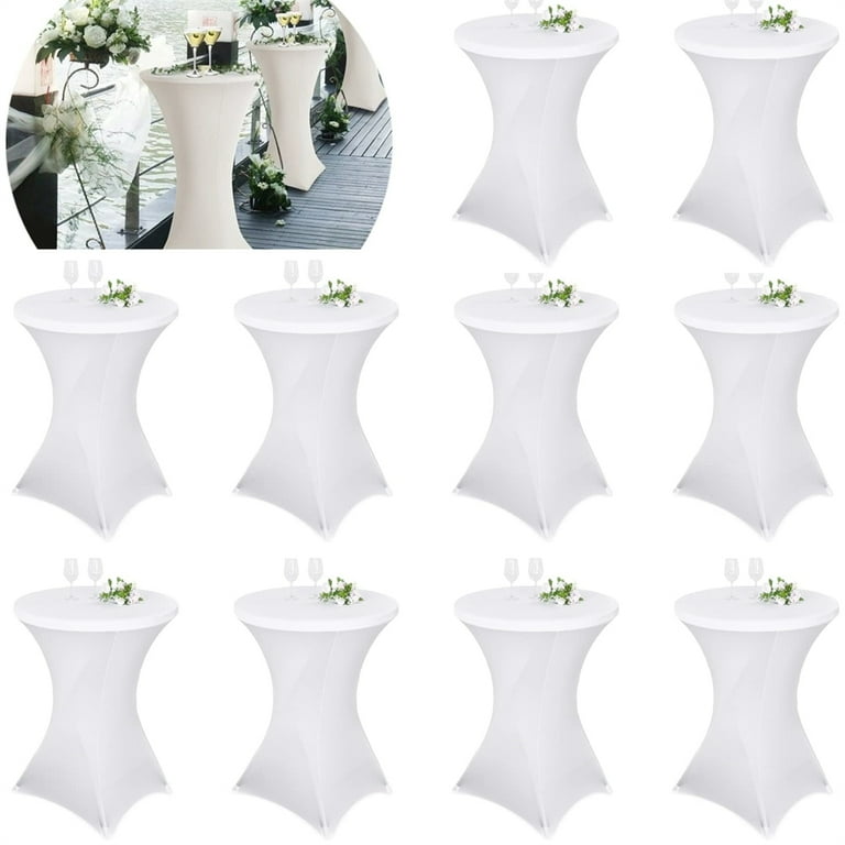 Pesonlook 10 Pack Cocktail Spandex Stretch Square Corners Tablecloth 32x43 Inches White Cocktail Table Cover Fitted High Top Round Tablecloth for Bar