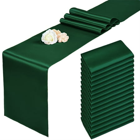Pesonlook 15 Pack Satin Table Runners Forest Green 12 x 108 Inch Long Table Runners for Rectangle Round Tables,Smooth Table Runner for Wedding, Birthday Party Banquets Engagements Decoration