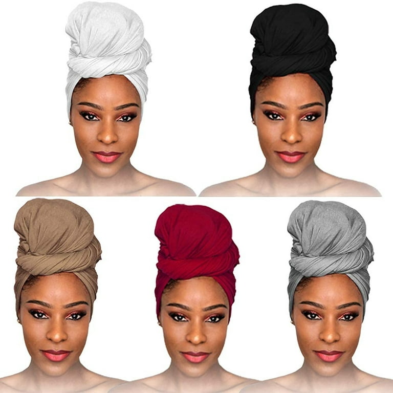 Pesonlook 5 Pieces Stretch Jersey Head Wrap Stretchy Knit Turban Headwraps  Extra Long Hair Scarf Urban African Head Wrap Head Band Solid Color Ultra
